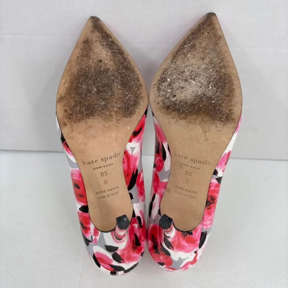 Kate Spade Pump Heels Size 8.5  Licorice Pink Floral Leather Pointed Toe Italy - Picture 6 of 8